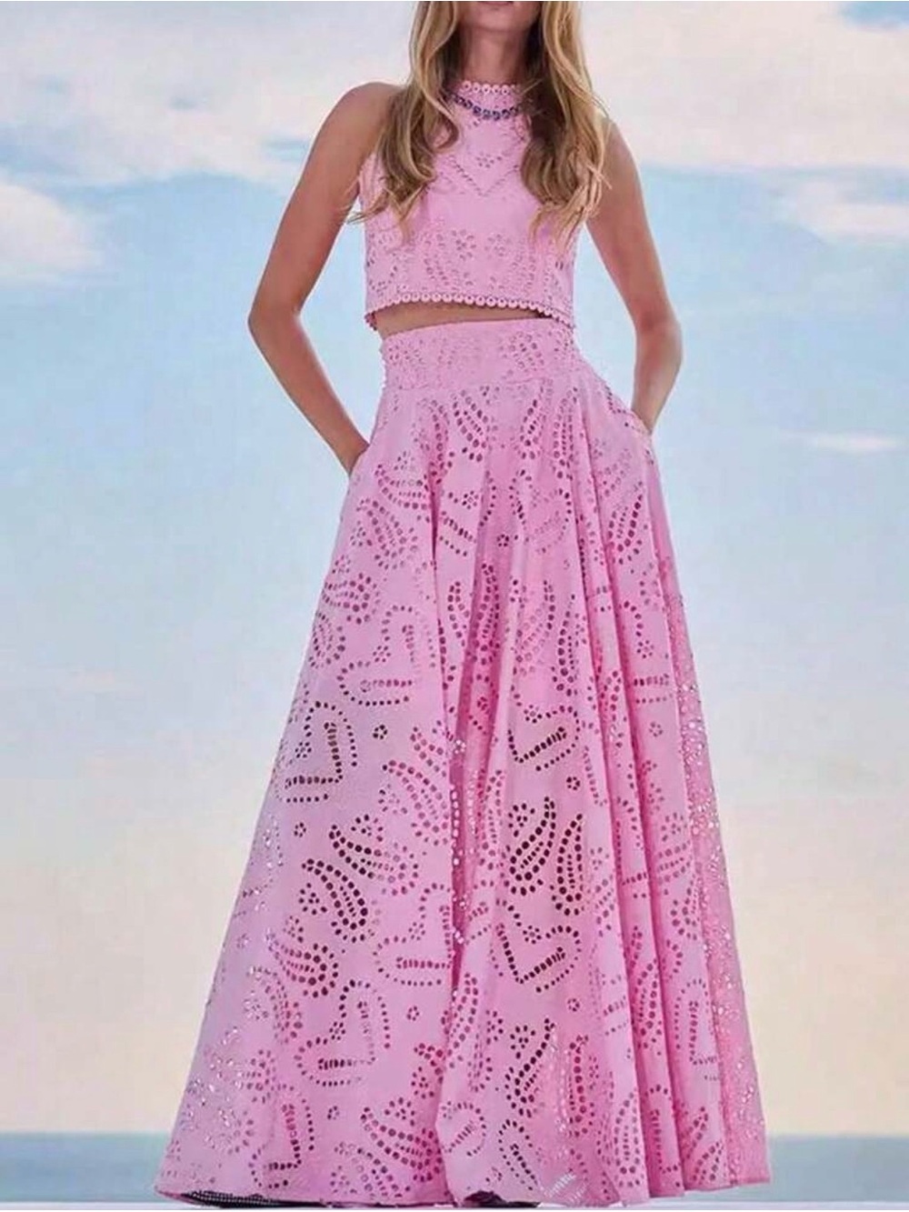 Pink Eyelet Two-Piece Maxi Skirt Set